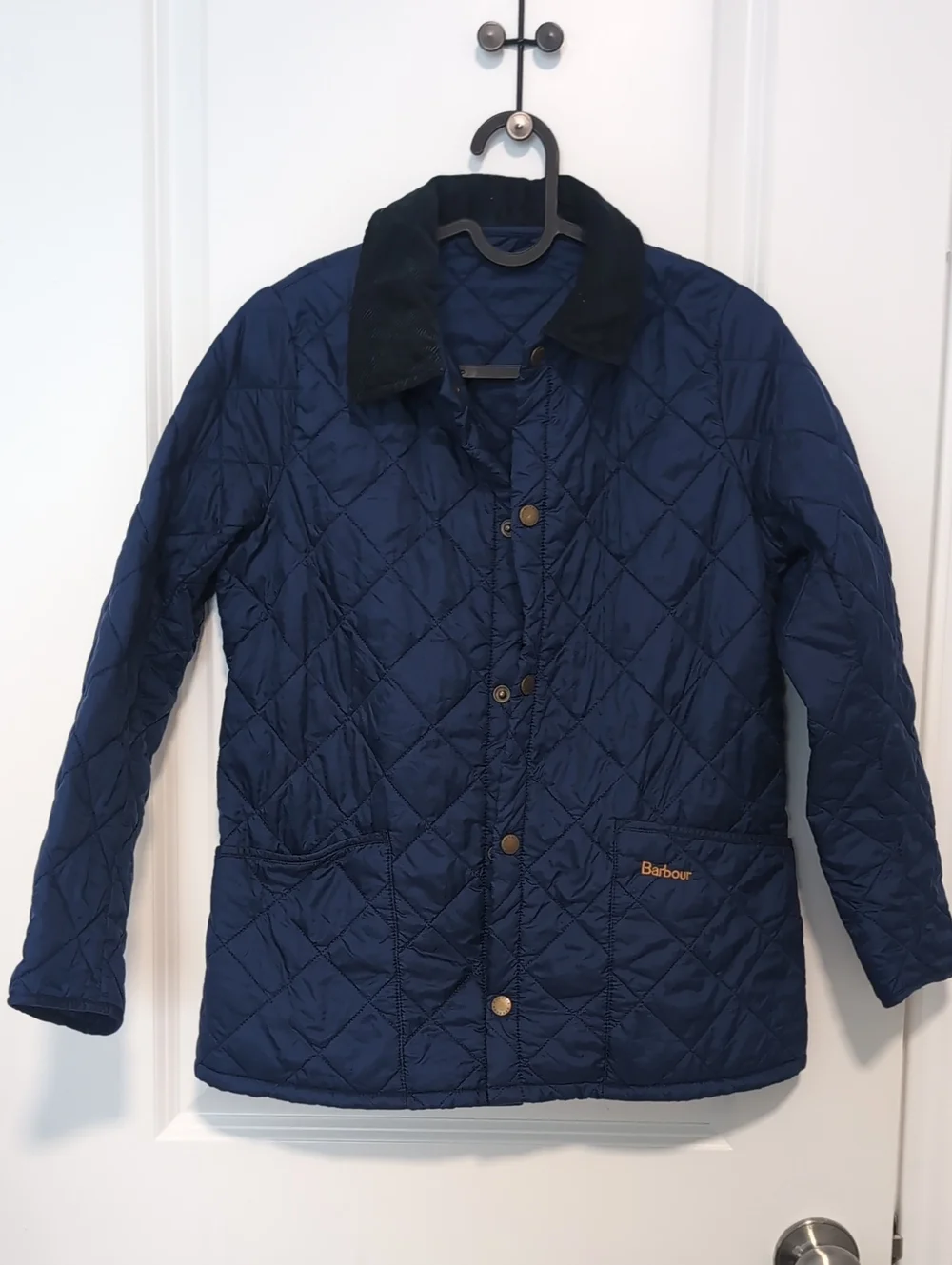 Barbour Navy Quilted Puffer Jacket with Black Corduroy Collar